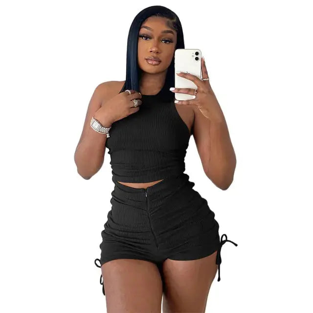 Drawstring Zipper Rib Casual Set GLR SHOPPING