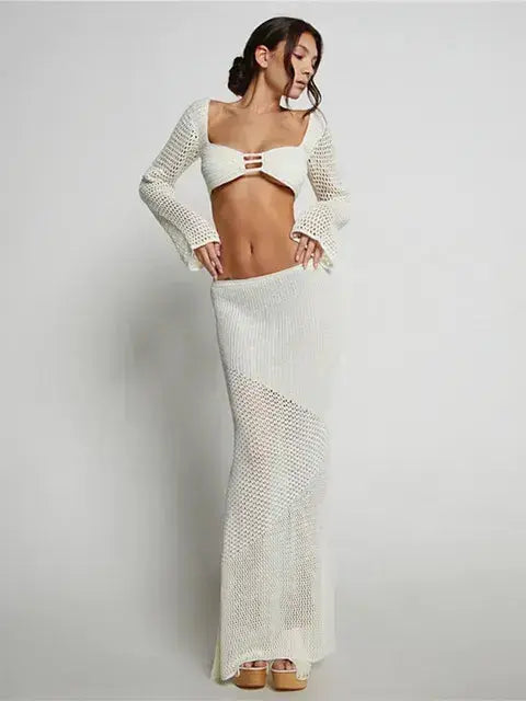 2 Piece Skirt Set Hollow Out Crop Top Long Sleeve GLR SHOPPING