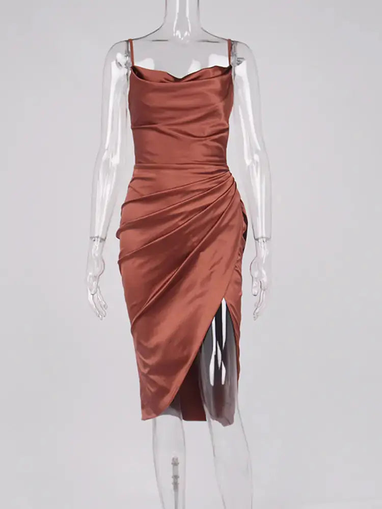 Midi Satin Dress Split Adjustable Strap GLR SHOPPING