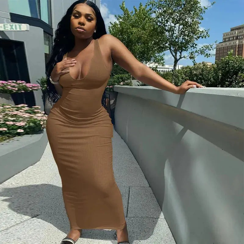 Women's V-Neck Bodycon Striped Knitted Sleeveless Midi Dress GLR SHOPPING
