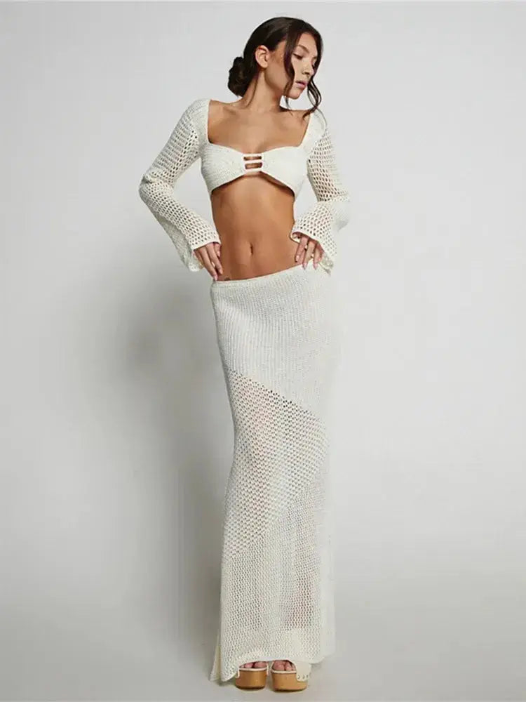 2 Piece Skirt Set Hollow Out Crop Top Long Sleeve GLR SHOPPING