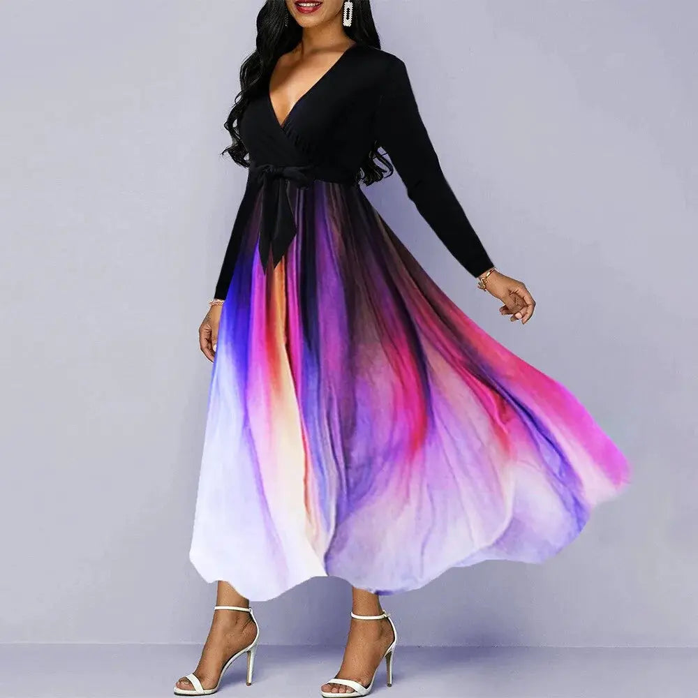 Women Elegant Long Sleeve V-neck Gradient Color Printed High Waist Dress GLR SHOPPING