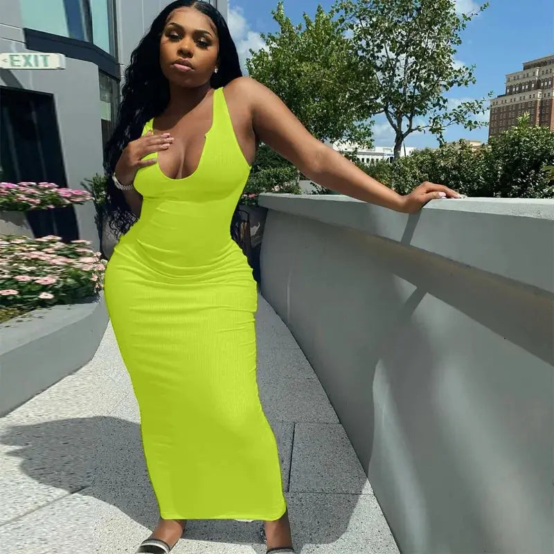 Women's V-Neck Bodycon Striped Knitted Sleeveless Midi Dress GLR SHOPPING
