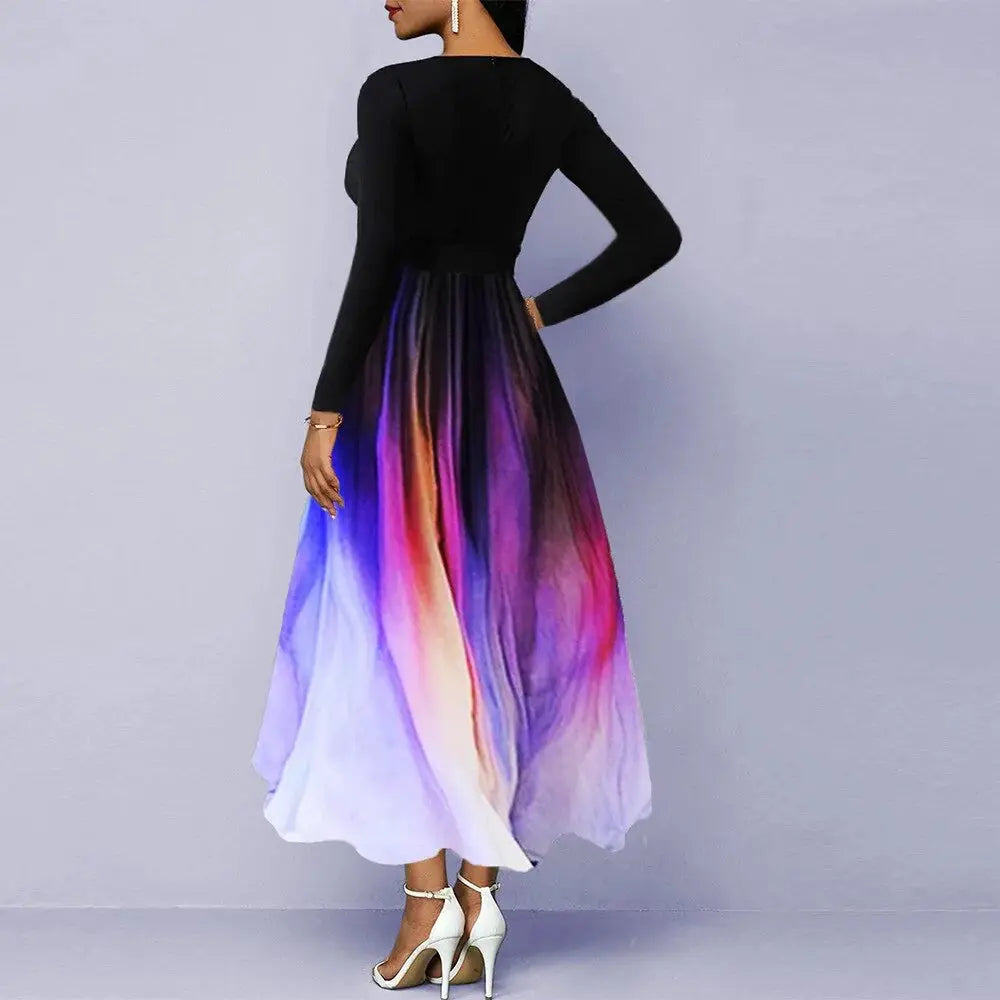 Women Elegant Long Sleeve V-neck Gradient Color Printed High Waist Dress GLR SHOPPING