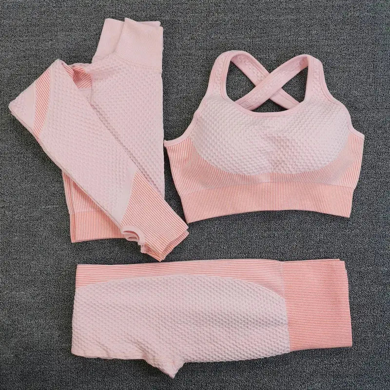Sport Seamless Workout Set Women Rib 3 2 Piece Long Sleeve Zipper Crop Top Shirt Legging Pants Fitness Set Clothes Yoga Gym Set GLR SHOPPING