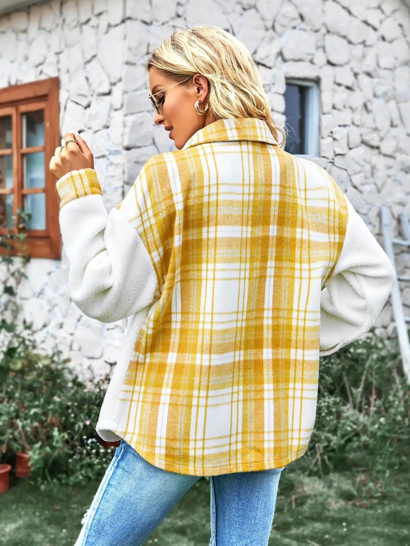 Plaid Contrast Button Front Spliced Sherpa Jacket GLR SHOPPING