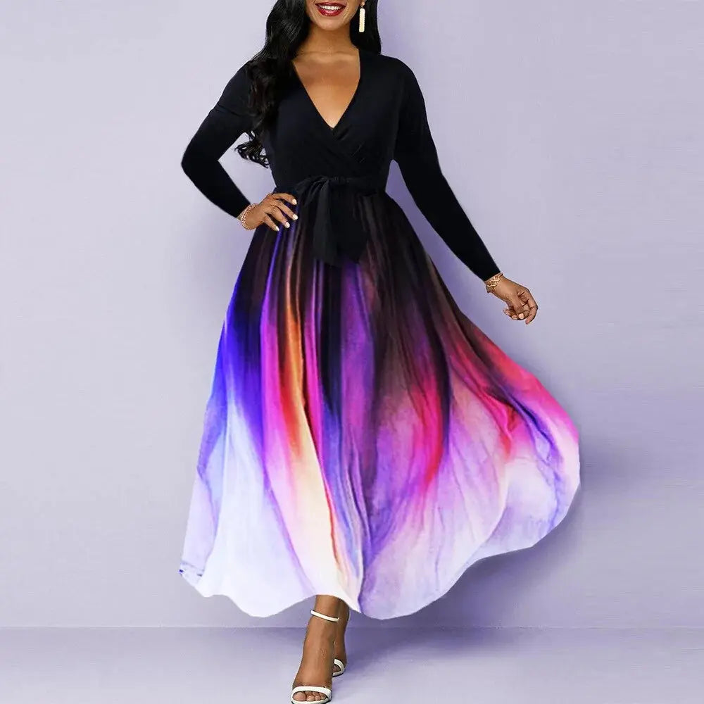 Women Elegant Long Sleeve V-neck Gradient Color Printed High Waist Dress GLR SHOPPING