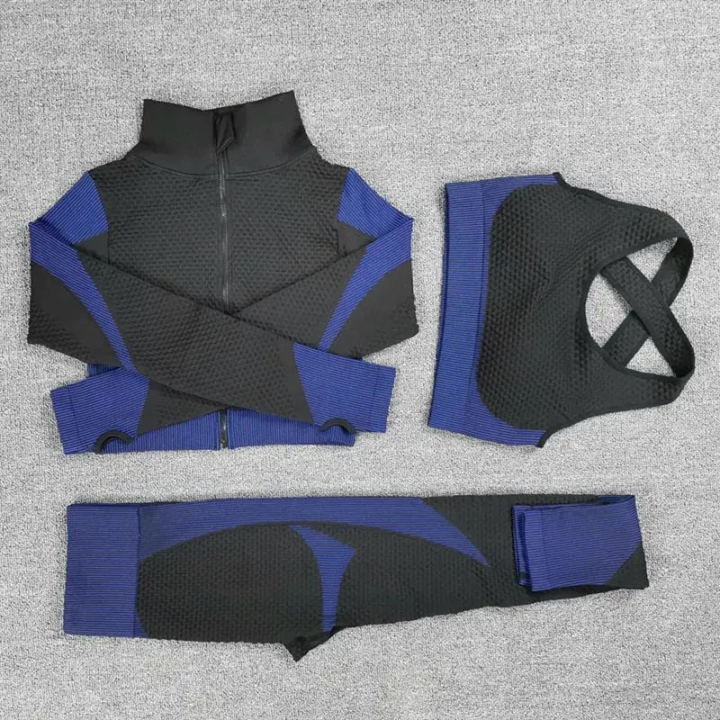 Sport Seamless Workout Set Women Rib 3 2 Piece Long Sleeve Zipper Crop Top Shirt Legging Pants Fitness Set Clothes Yoga Gym Set GLR SHOPPING