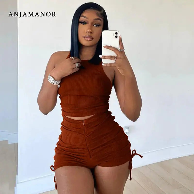 Drawstring Zipper Rib Casual Set GLR SHOPPING