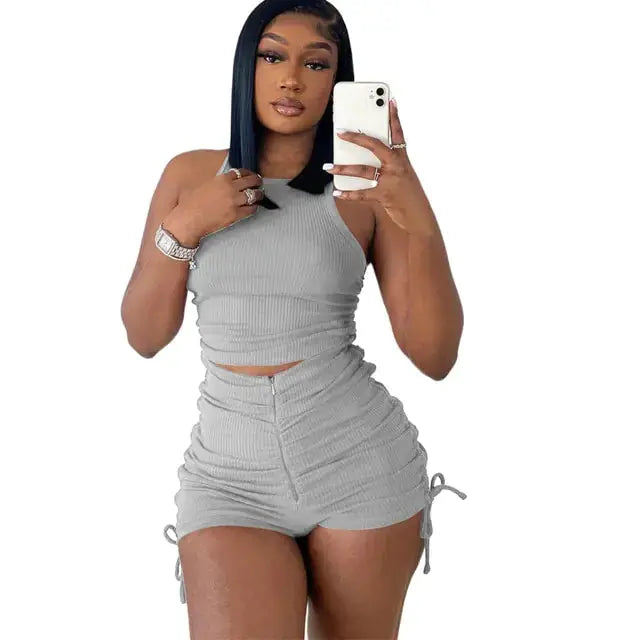 Drawstring Zipper Rib Casual Set GLR SHOPPING