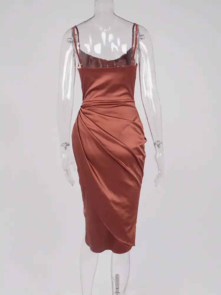 Midi Satin Dress Split Adjustable Strap GLR SHOPPING