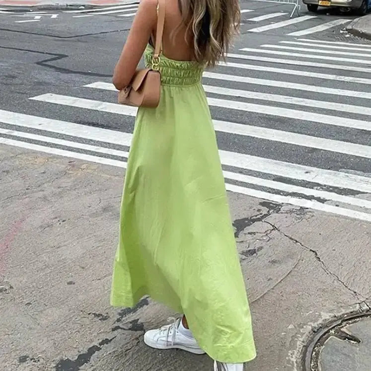 Green Cotton V Neck Summer Women's Dress GLR SHOPPING
