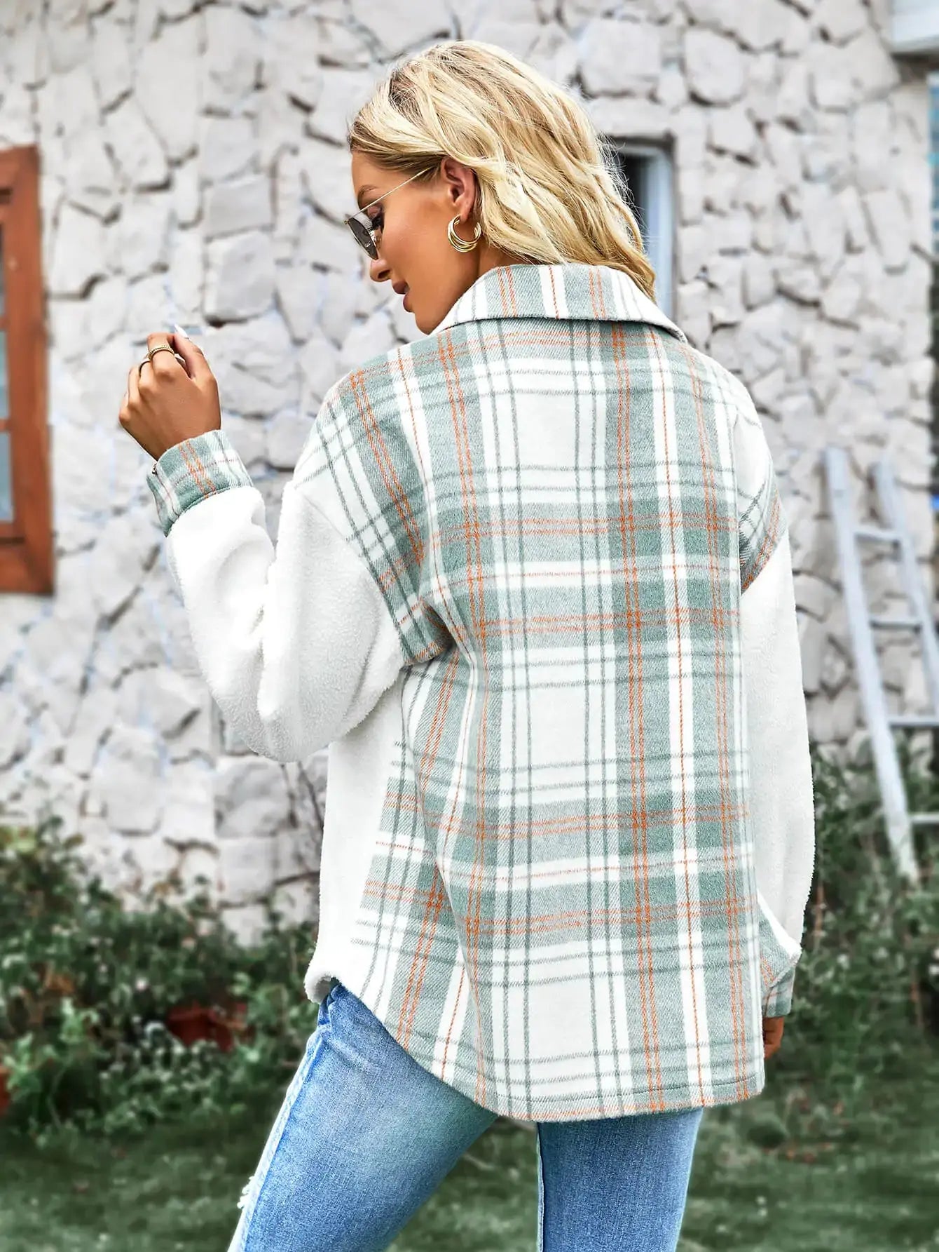 Plaid Contrast Button Front Spliced Sherpa Jacket GLR SHOPPING