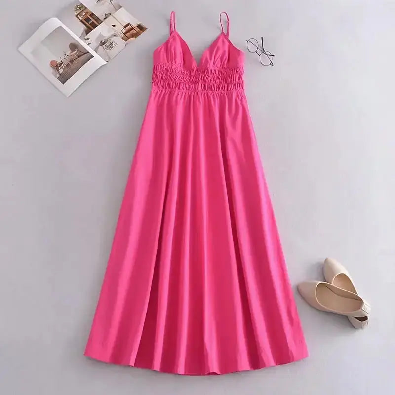 Green Cotton V Neck Summer Women's Dress GLR SHOPPING