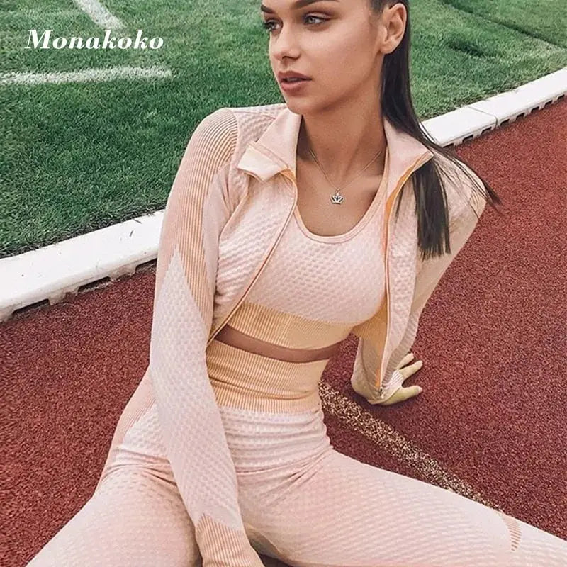 Sport Seamless Workout Set Women Rib 3 2 Piece Long Sleeve Zipper Crop Top Shirt Legging Pants Fitness Set Clothes Yoga Gym Set GLR SHOPPING