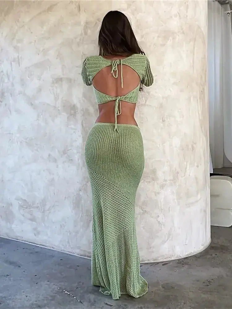 2 Piece Skirt Set Hollow Out Crop Top Long Sleeve GLR SHOPPING