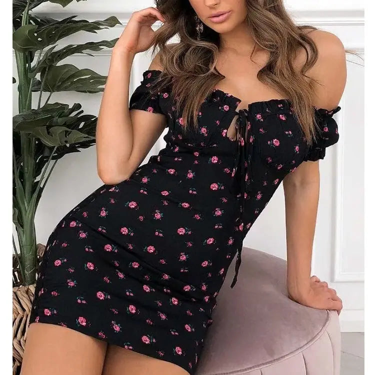 Women Floral Wrap Off Shoulder Dress Tie Up Front Ruffle Mini Dress Summer - GLR SHOPPING