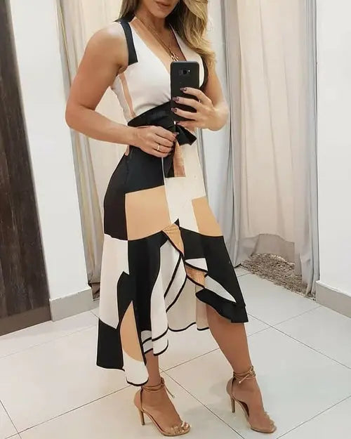 V Neck Sleeveless Contrast Print Ladies Dress - GLR SHOPPING