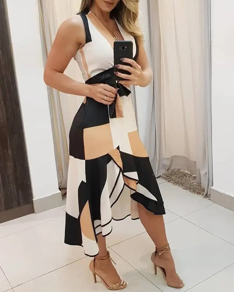 V Neck Sleeveless Contrast Print Ladies Dress - GLR SHOPPING