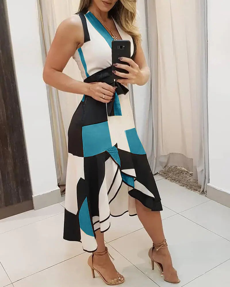 V Neck Sleeveless Contrast Print Ladies Dress - GLR SHOPPING