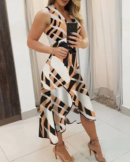 V Neck Sleeveless Contrast Print Ladies Dress - GLR SHOPPING