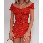 Women Floral Wrap Off Shoulder Dress Tie Up Front Ruffle Mini Dress Summer - GLR SHOPPING
