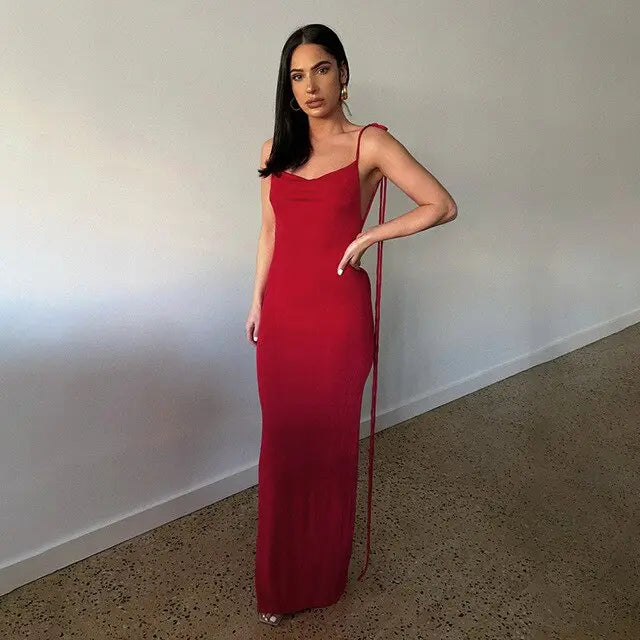 Open Back Slim Cami Strap Long Dresses - GLR SHOPPING