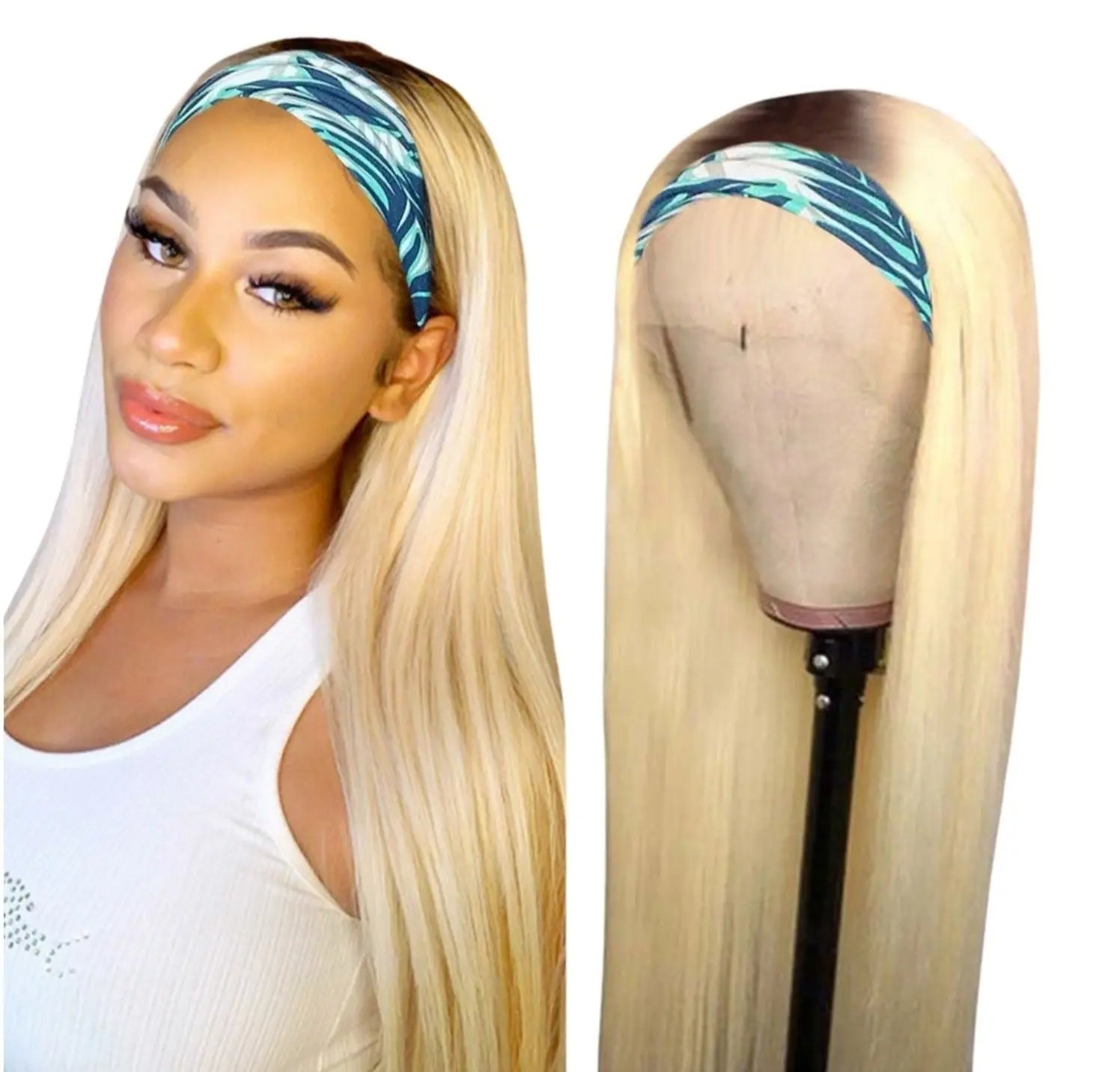 Straight 1B/613 Headband Human Hair Wigs For Black Women Blonde Scarf - GLR SHOPPING