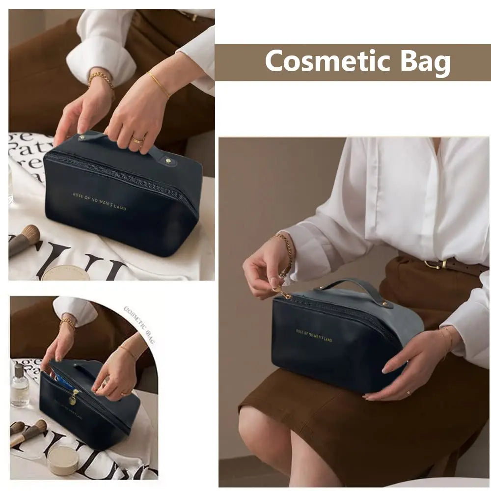 a woman is putting a cosmetic bag in her purse