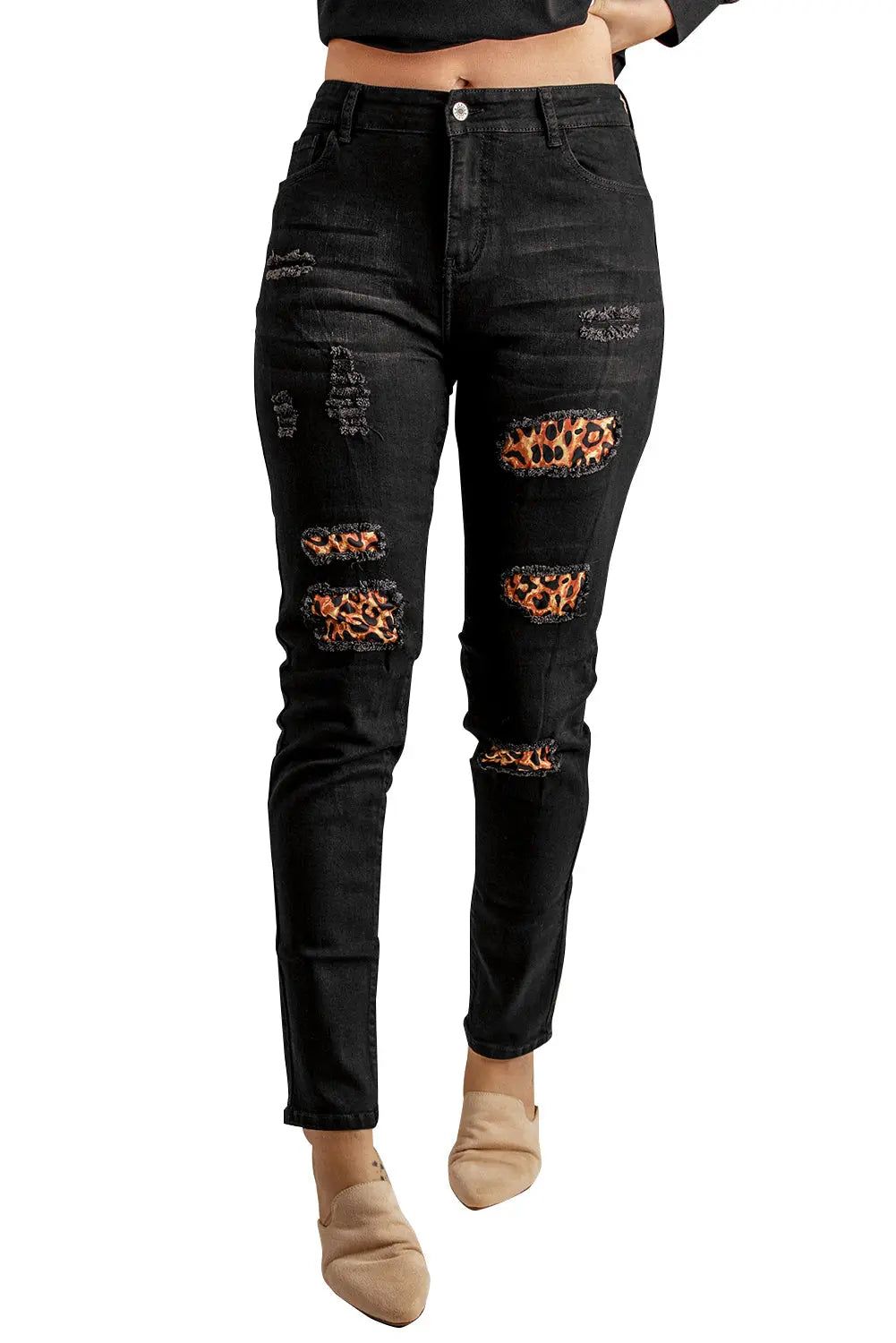 Fashion Black Ripped Leopard Patch Pocket High Waist Skinny Jeans - GLR SHOPPING