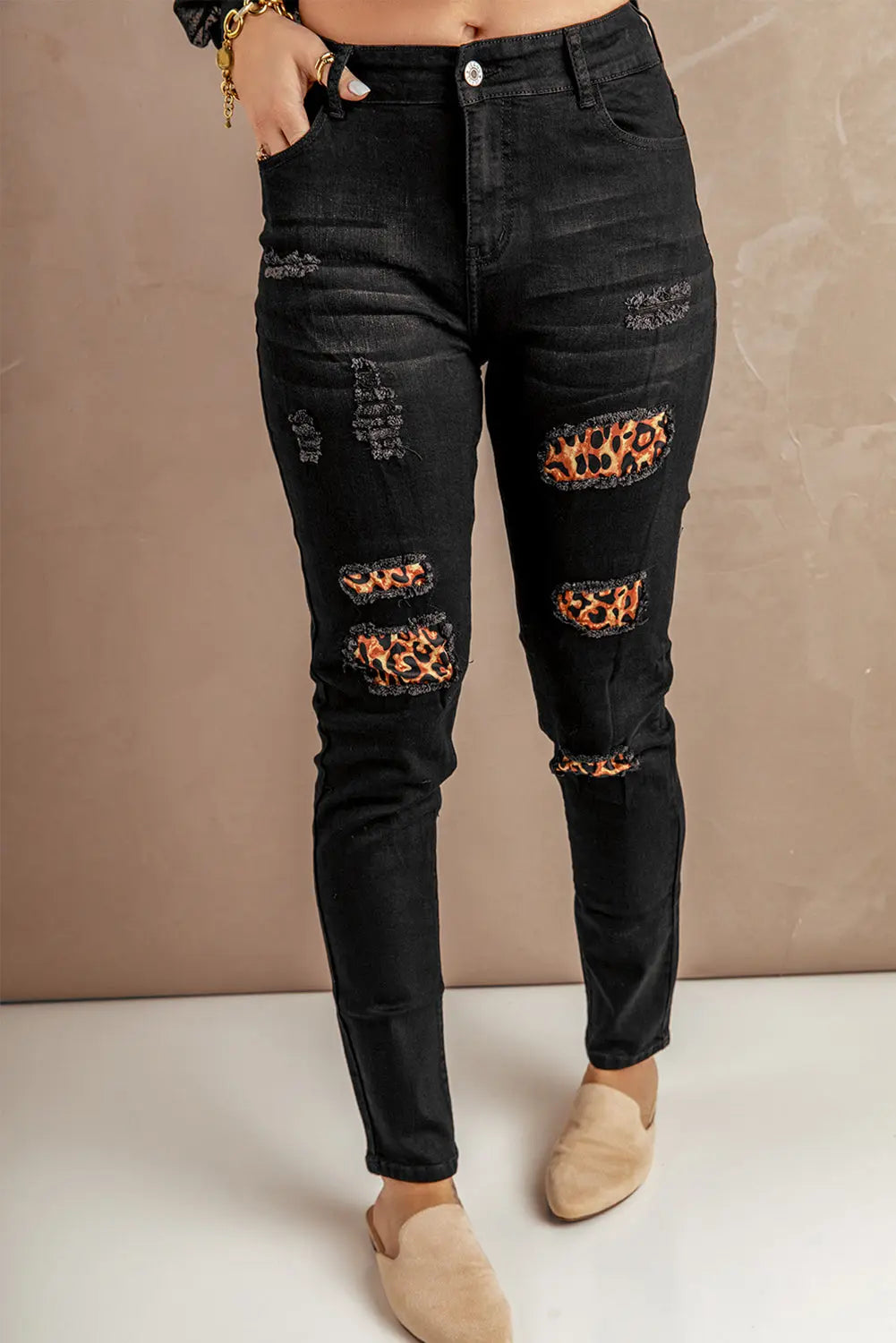 Fashion Black Ripped Leopard Patch Pocket High Waist Skinny Jeans - GLR SHOPPING