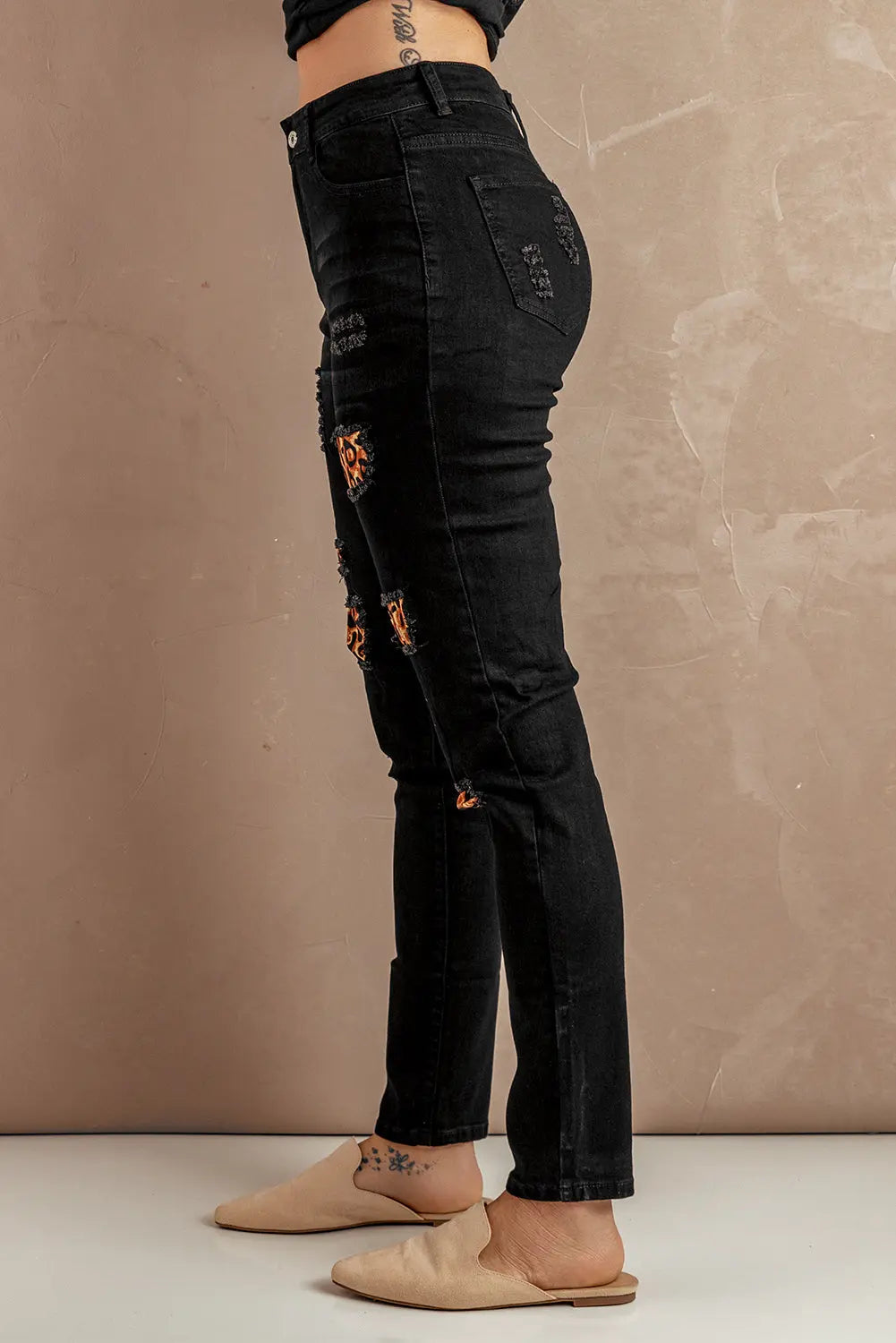 Fashion Black Ripped Leopard Patch Pocket High Waist Skinny Jeans - GLR SHOPPING