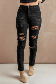 Fashion Black Ripped Leopard Patch Pocket High Waist Skinny Jeans - GLR SHOPPING