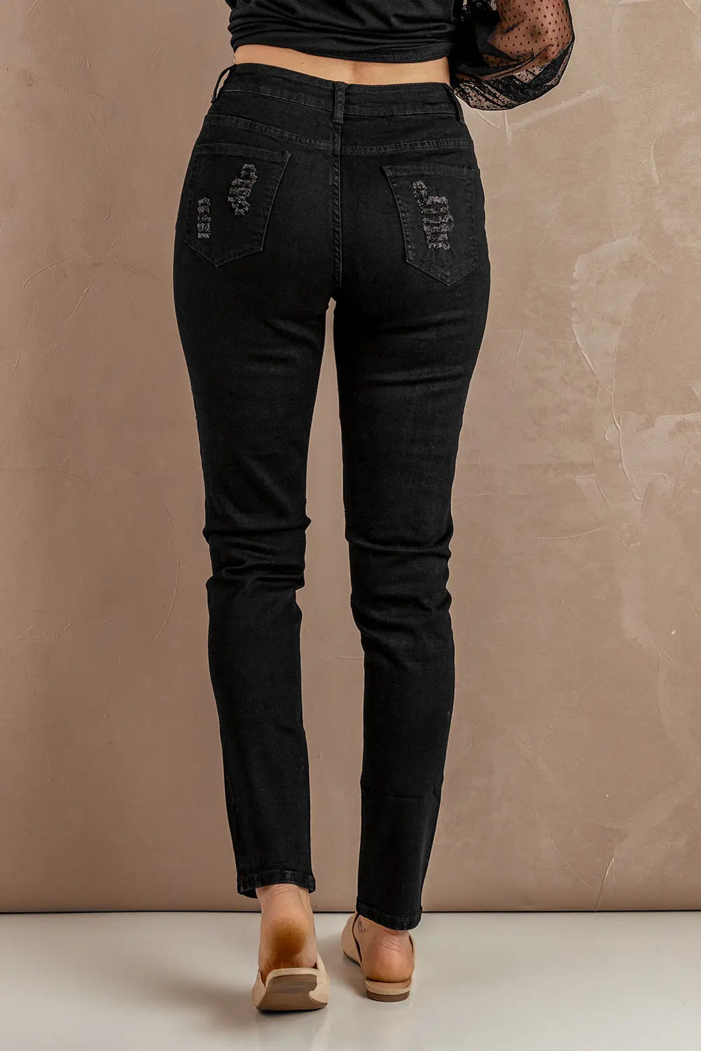 Fashion Black Ripped Leopard Patch Pocket High Waist Skinny Jeans - GLR SHOPPING