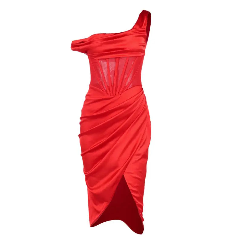 One Shoulder Satin Dress Mesh Hollow out Boned Side Split Bodycon - GLR SHOPPING