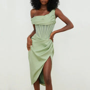 One Shoulder Satin Dress Mesh Hollow out Boned Side Split Bodycon - GLR SHOPPING