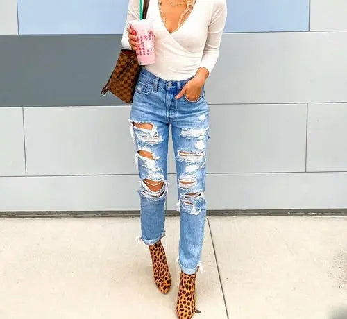 Women's High Waisted Skinny Destroyed Ripped Hole Denim Pants  - GLR SHOPPING