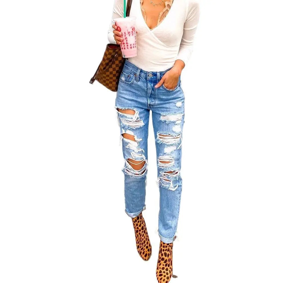 Women's High Waisted Skinny Destroyed Ripped Hole Denim Pants  - GLR SHOPPING