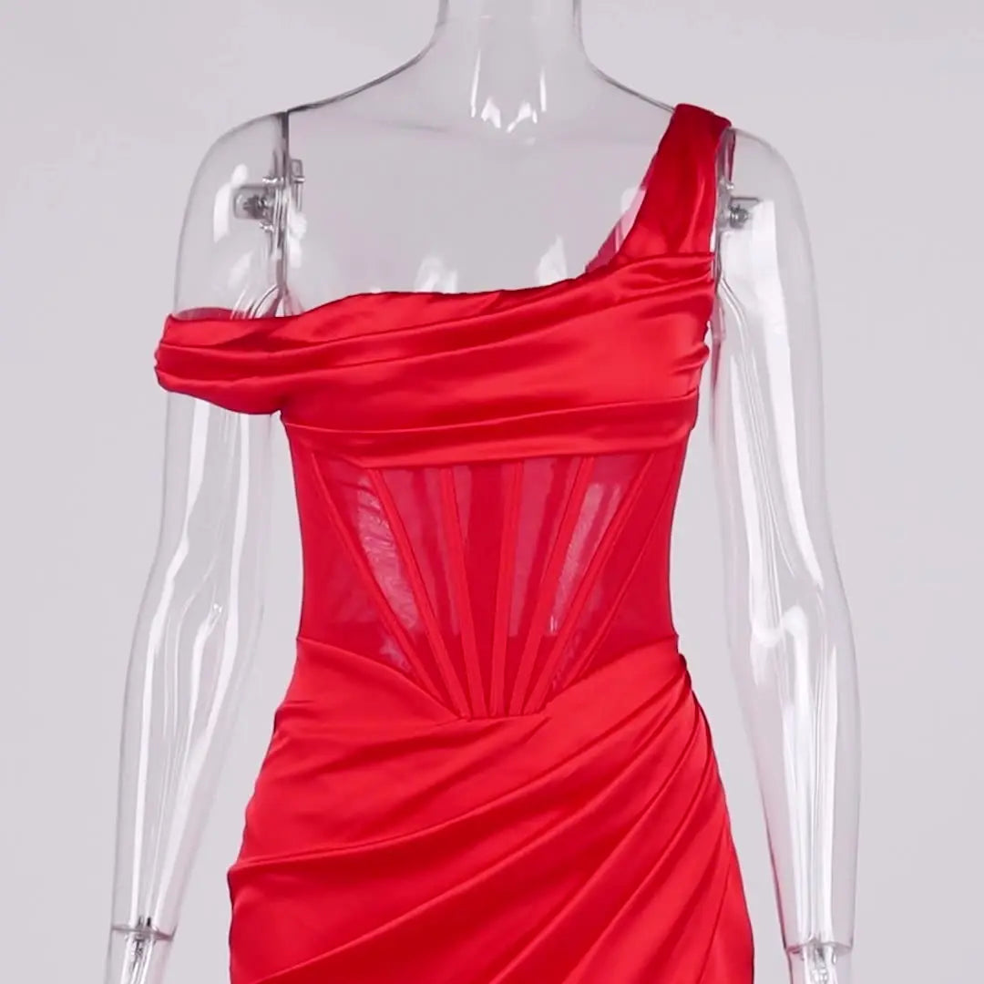 One Shoulder Satin Dress Mesh Hollow out Boned Side Split Bodycon - GLR SHOPPING