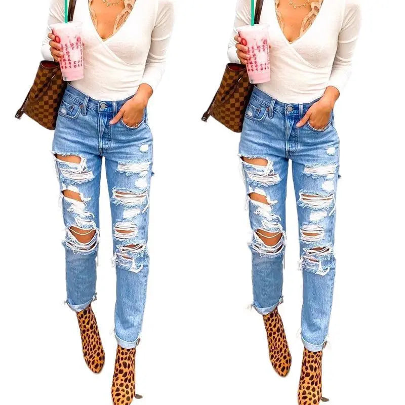 Women's High Waisted Skinny Destroyed Ripped Hole Denim Pants  - GLR SHOPPING