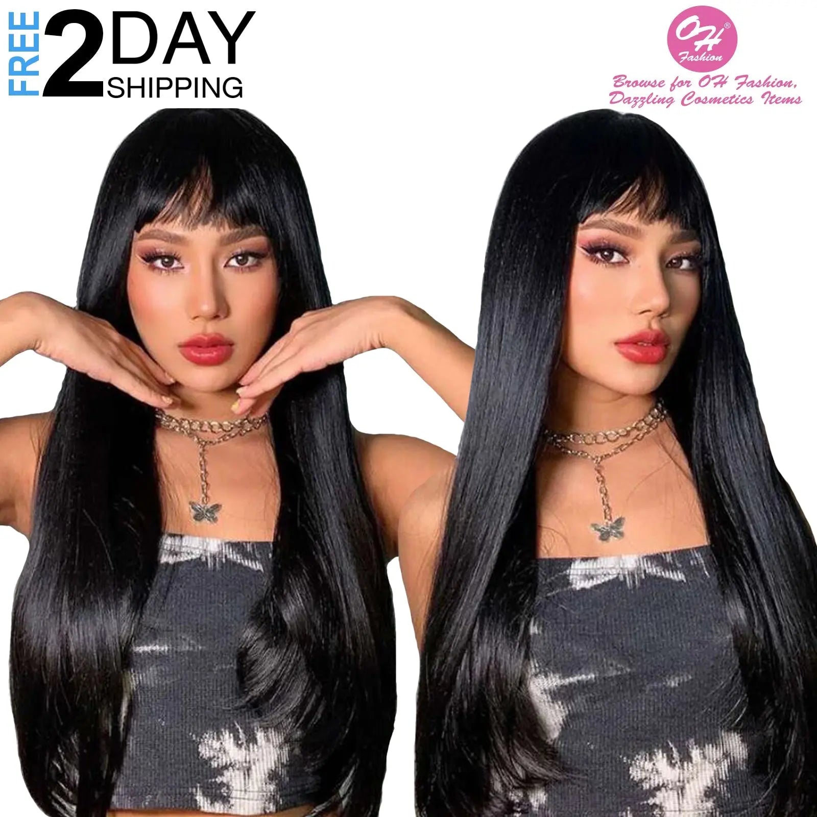 OH Fashion Women Long Straight Black Wig with Bangs, 27 Inches - GLR SHOPPING