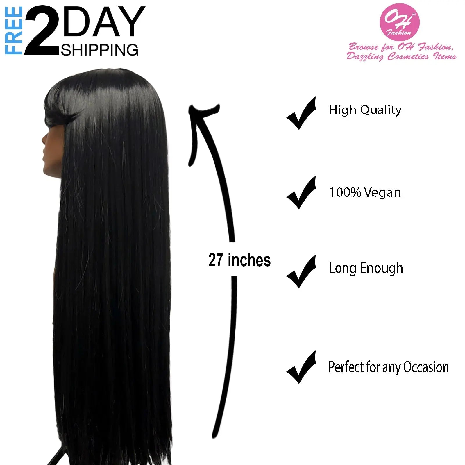 OH Fashion Women Long Straight Black Wig with Bangs, 27 Inches - GLR SHOPPING