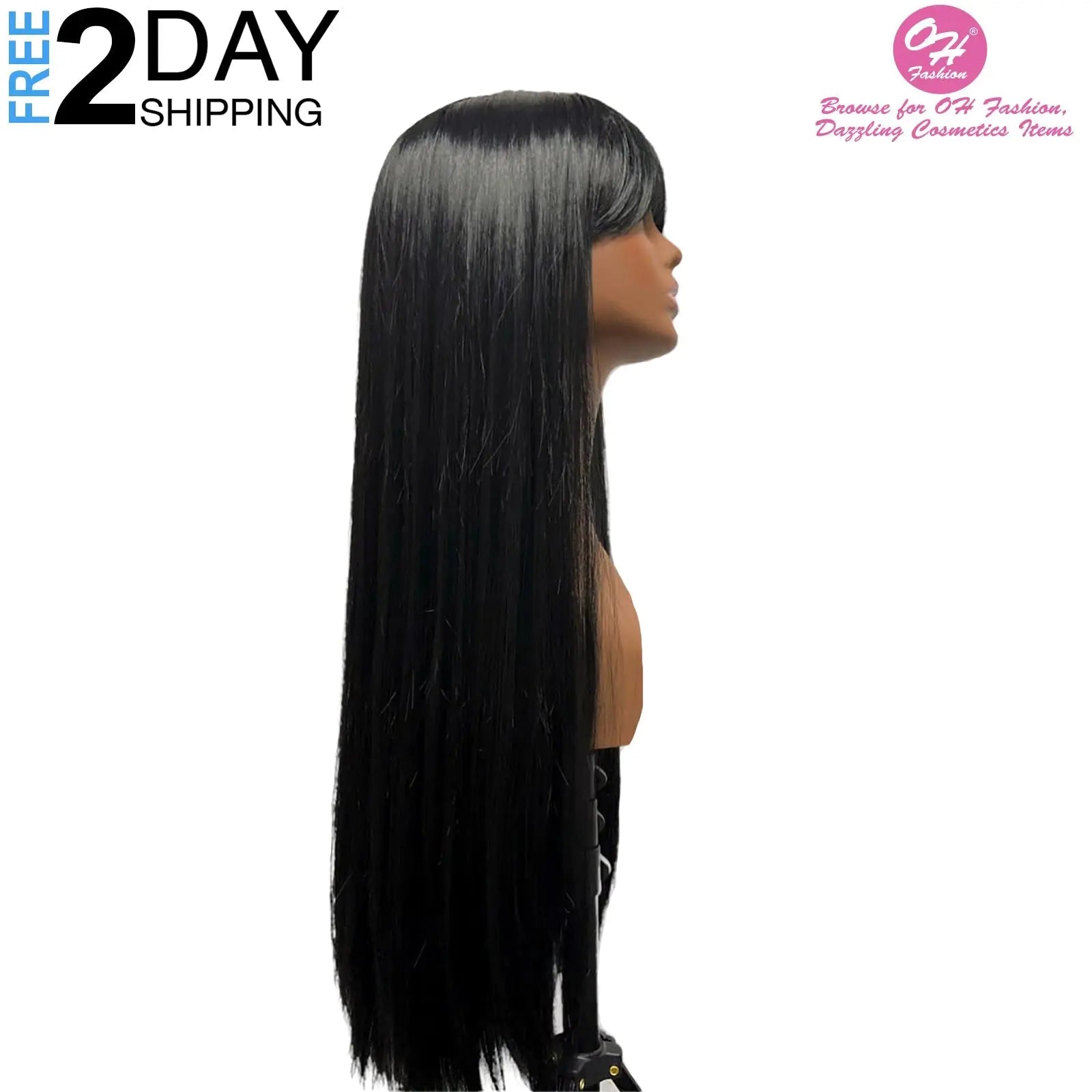 OH Fashion Women Long Straight Black Wig with Bangs, 27 Inches - GLR SHOPPING