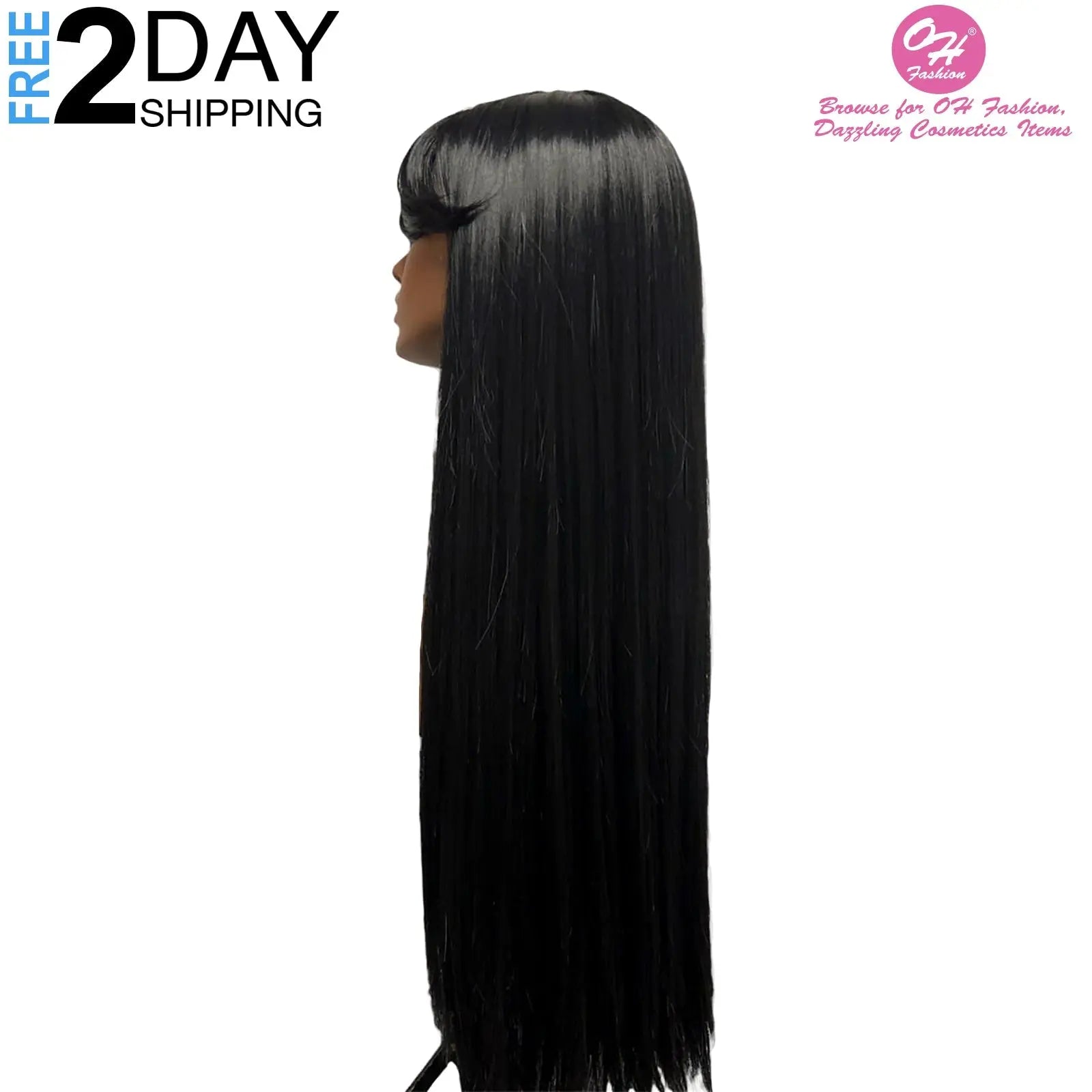 OH Fashion Women Long Straight Black Wig with Bangs, 27 Inches - GLR SHOPPING