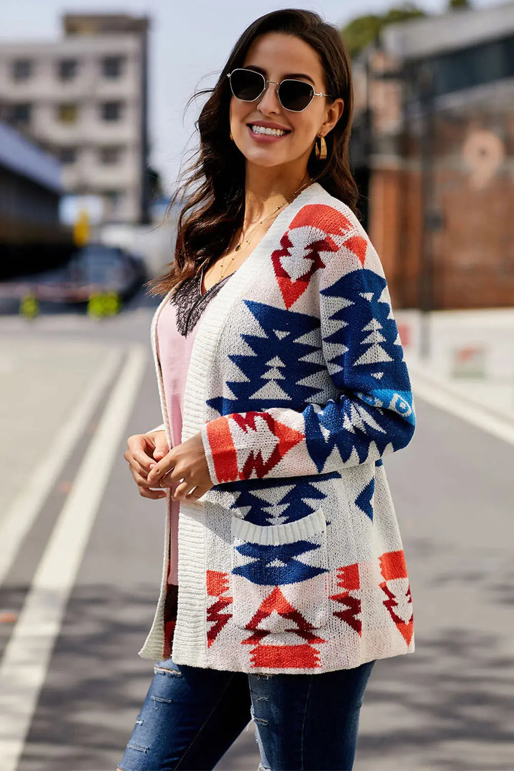 White Moraga Pocketed Aztec Winter Cardigan - GLR SHOPPING