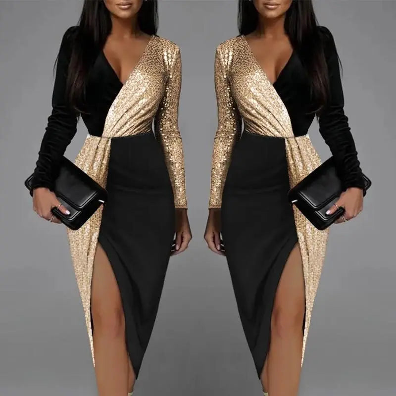 Long Sleeved Gold Black Sequin Dress | Black Dresses Party Gold - GLR SHOPPING