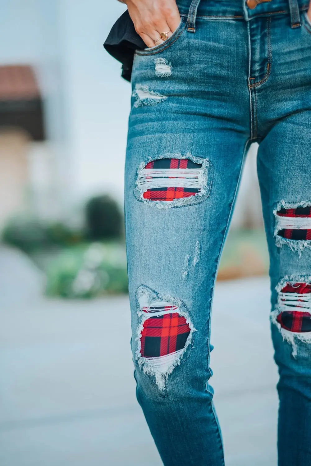 Women's Fashion Red Plaid Patch Destroyed Skinny Jeans - GLR SHOPPING