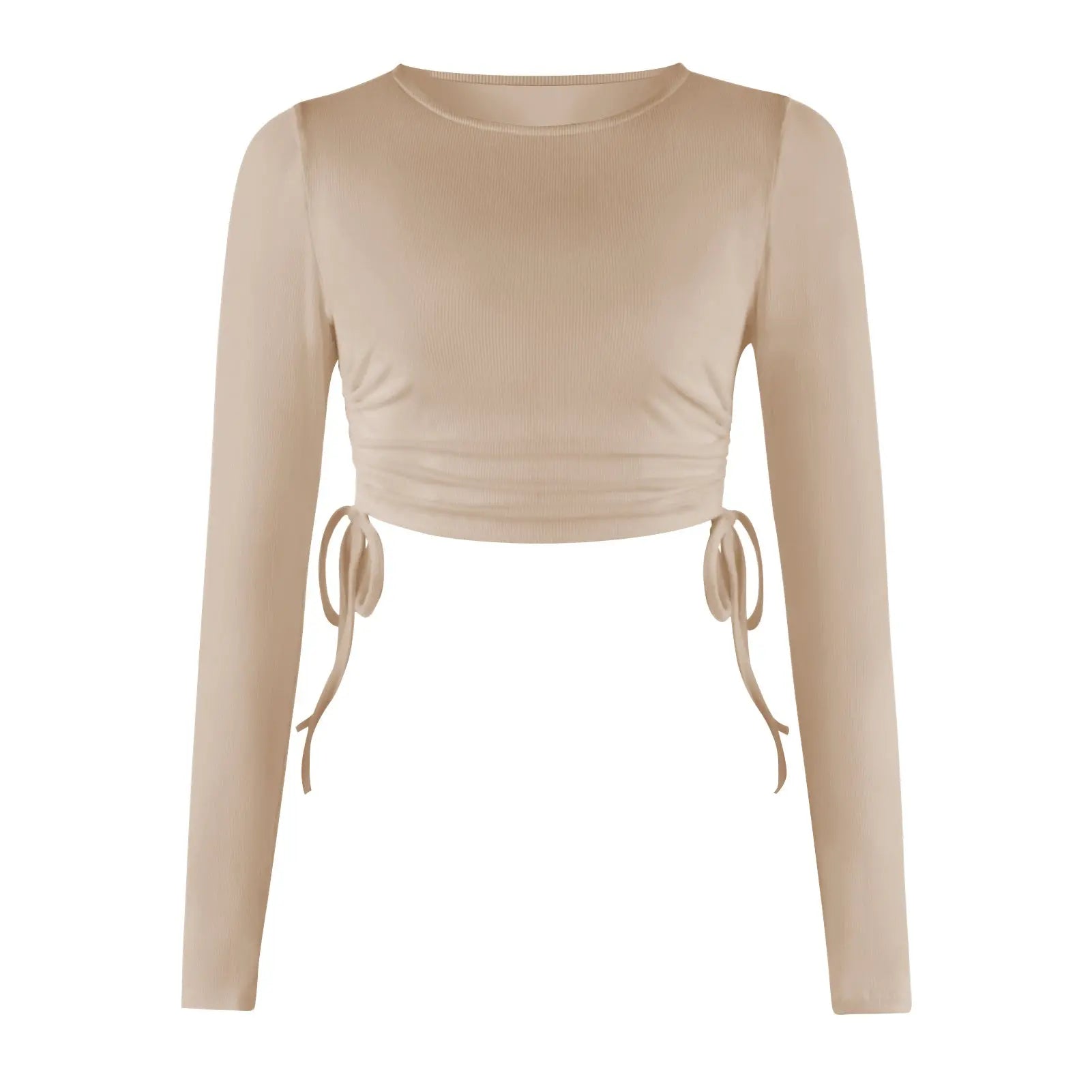 Trendy Drawstring Crew Neck Long Sleeve Cropped Navel T-Shirt - GLR SHOPPING