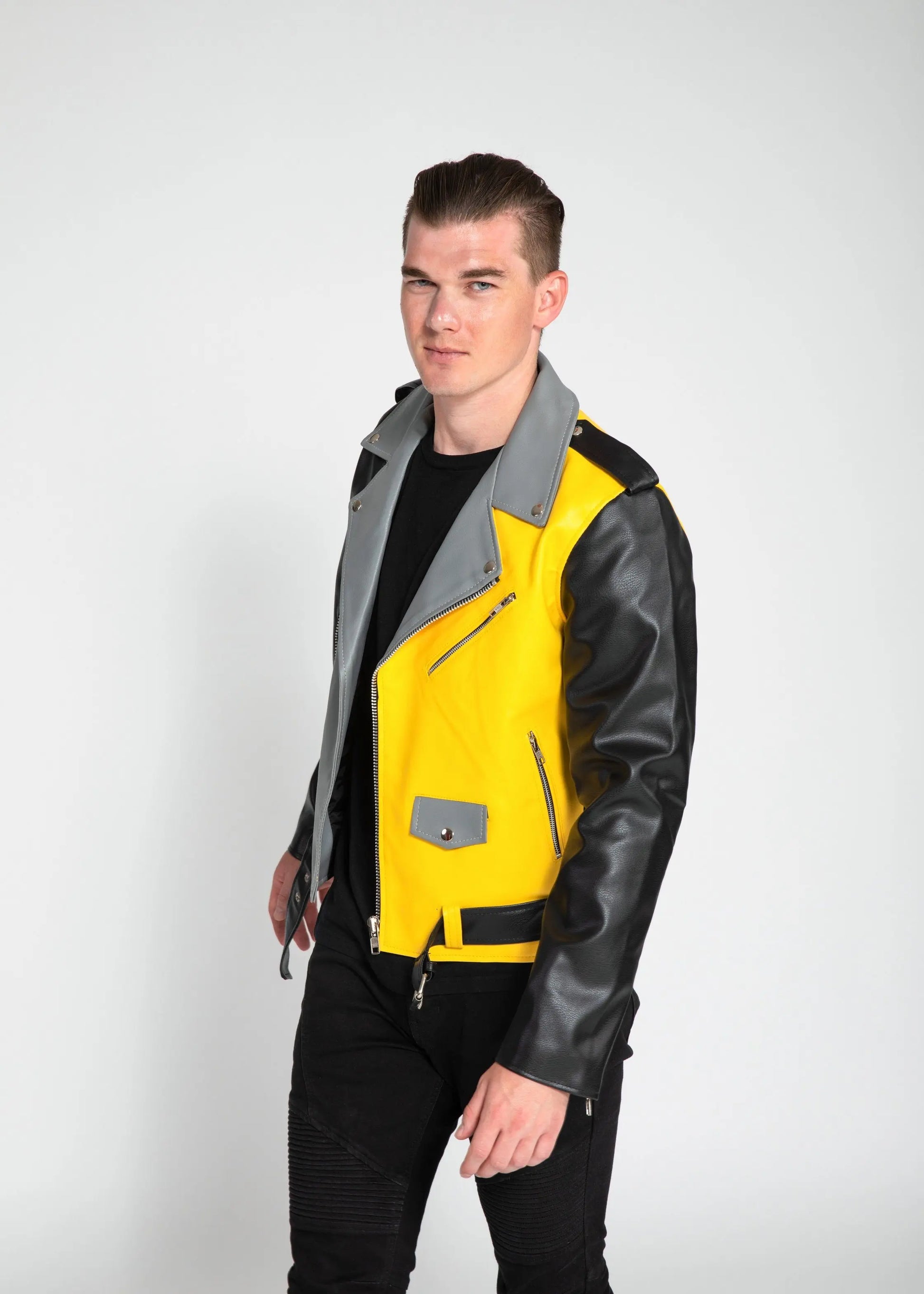 Men's Block Print Moto Style Faux Leather Jacket - Yellow/Gray - GLR SHOPPING