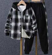 Toddler Kids Baby Boys 2Pcs Spring Autumn Outfits, Long Sleeve Plaid Print Hooded Shirt Jacket and Pants Set 1-5T - GLR SHOPPING